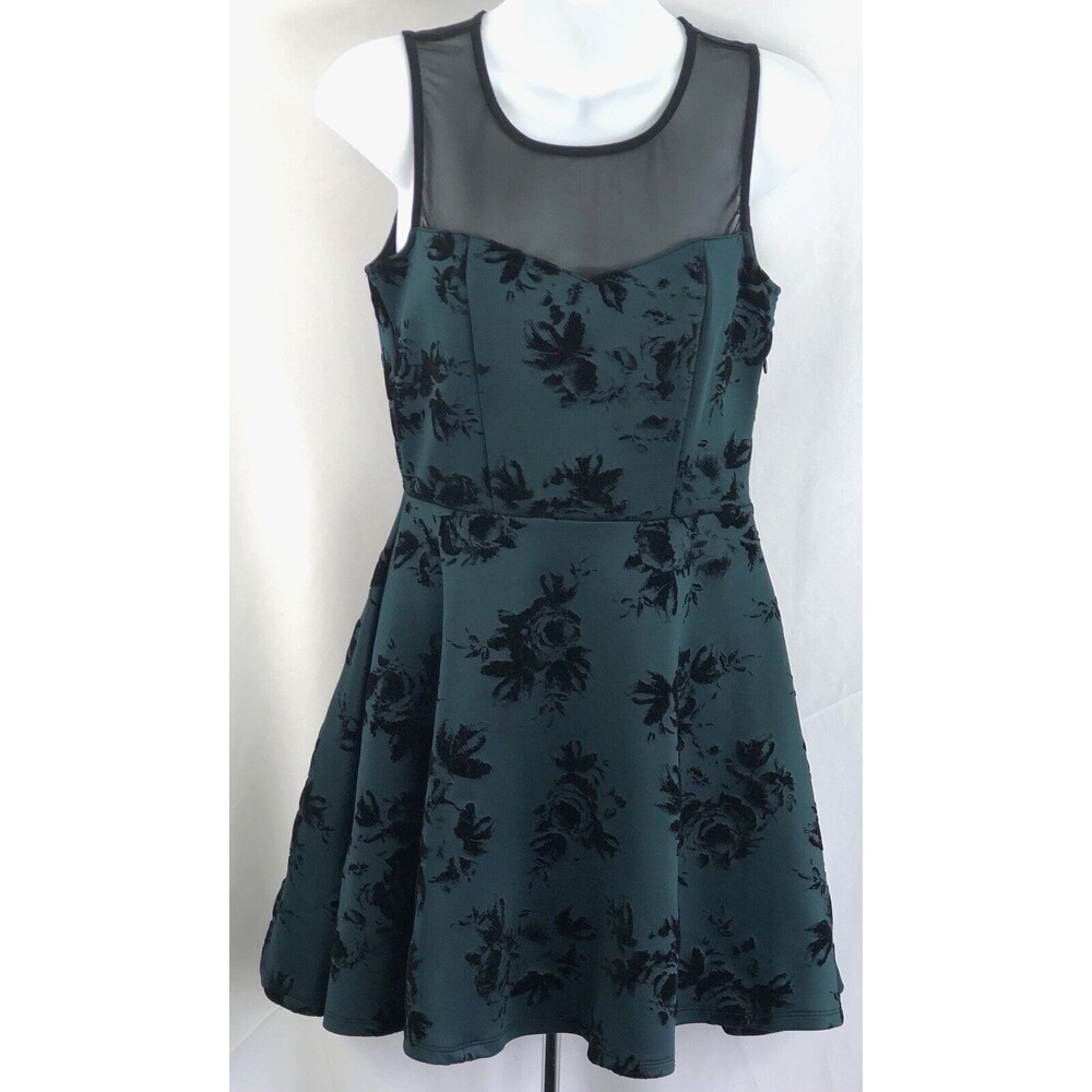 Fit & Flare Sleeveless Dress M Jrs Green Blk Velvet Roses Mesh Whimsigoth Fairy